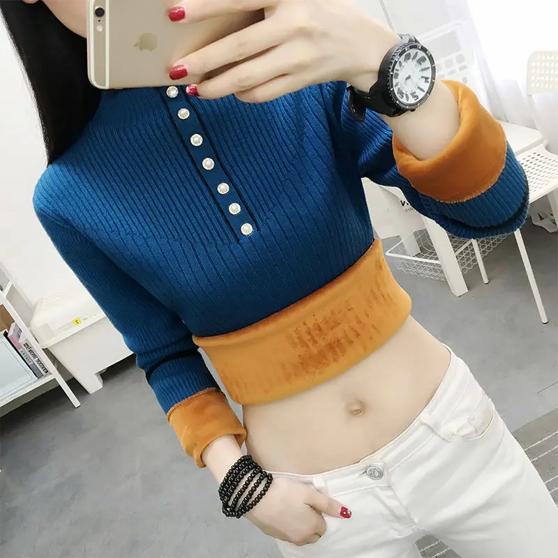 

Sweater Women's Spring and Autumn plus Velvet Long-Sleeved Hoodie with Sleeves Korean-Style Warm Inner Base Shirt Thick