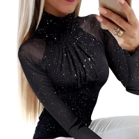 new 2021 autumn thin long sleeve black shinny t shirt fashion turtleneck diamond woman tshirts elegant slim womens tops blusas
