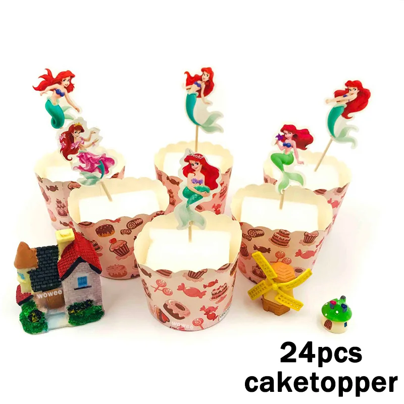 24pc Caketopper Вечерние украшения в виде русалки, скатерть, подстаканник, соломенная салфетка, свечи, подарочная коробка для конфет, попкорна, детский подарок на день рождения, сделай сам - Цвет: 24pc Caketopper