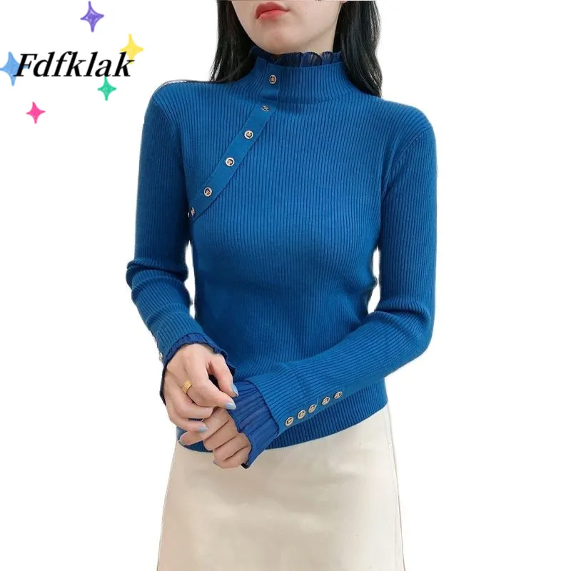 

Fdfklak Autumn Winter New Lace Knit Sweater Stitching Long-Sleeved Top Slim Fit All-match Jumper Button Pullover Sweater Women