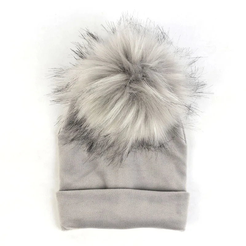 Light Gray19 Geebro/шапка для новорожденных, искусственный помпон из меха енота для девочек и мальчиков, теплая зимняя вязаная бархатная шапка Ins, модные мягкие толстые фланелевые шапки - Цвет: Light Gray19