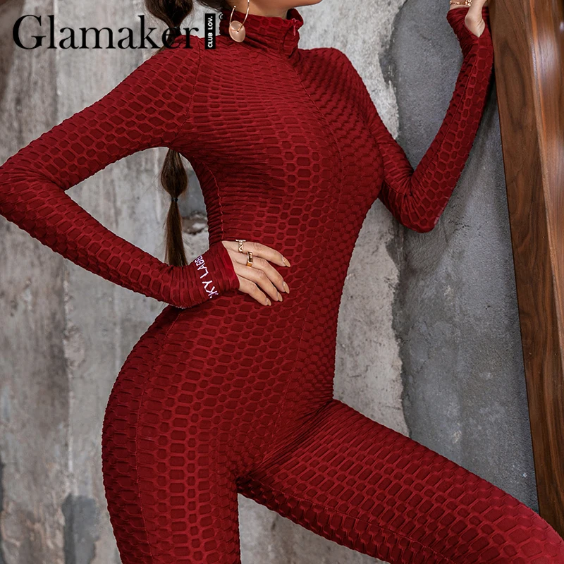 

Glamaker Jacquard long sleeve casual fitness playsuit 2021 Women spring summer slim jumpsuit Knitted letter printed sportwear