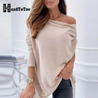 plain long sleeve loose one shoulder blouse women casual autumn long blouse tops