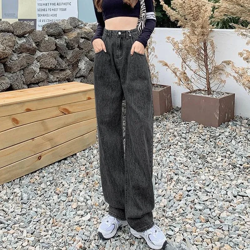 

Джинсы женские с регулируемой талией и широкими штанинами, повседневные брюки из денима с завышенной талией, свободные прямые штаны, весна-осень 2022