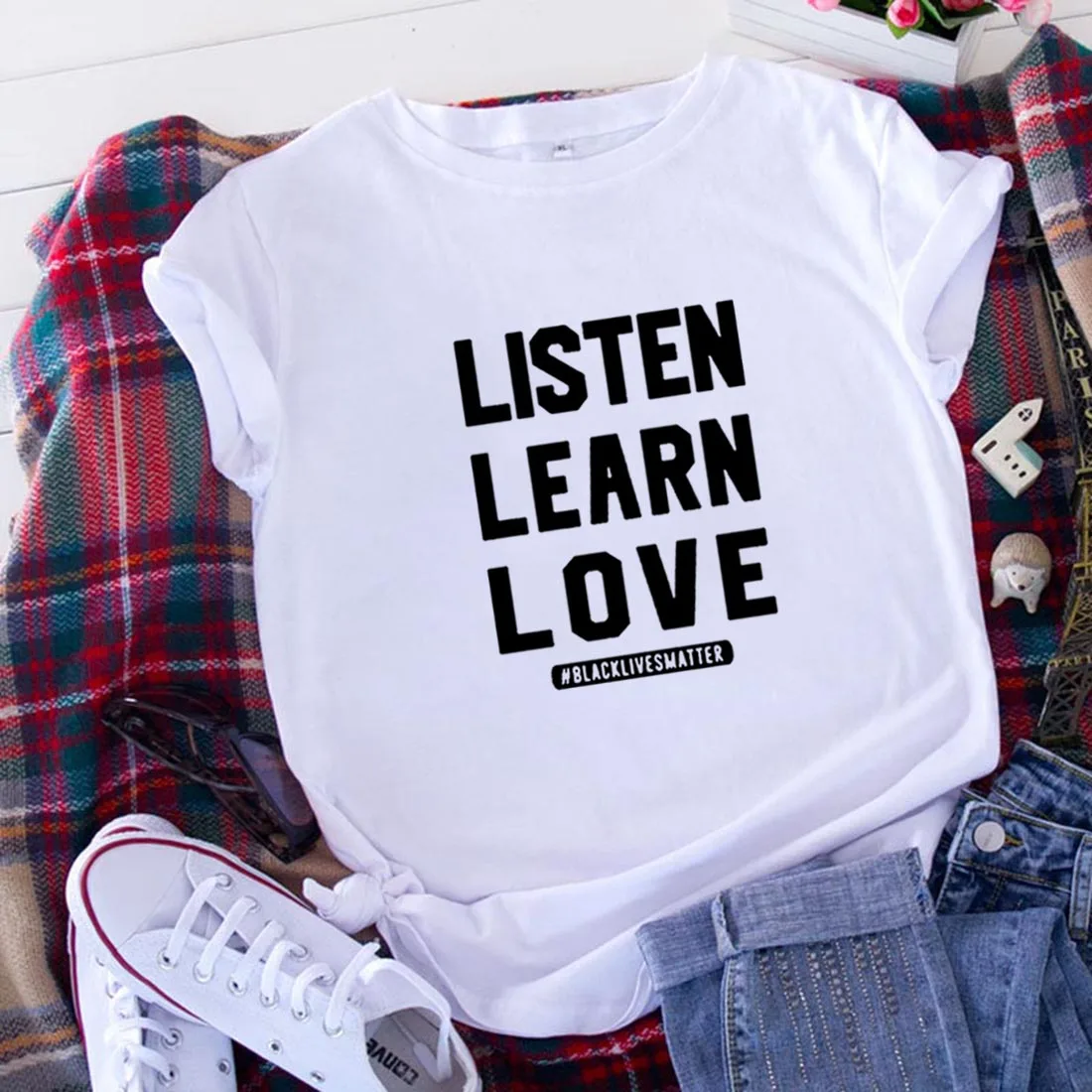Listen Learn Love Funny T Shirts Women Tshirt Loose Camiseta Mujer Short Sleeve Cotton Black White Tee Shirt Femme | Женская одежда