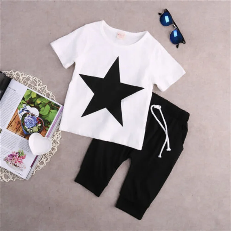 

2-7years Kids Boys Clothes Set Pentagram Star Print T-Shirt For Boys Tops Black Long Pants Boys Set Children Kids Infant Outfits