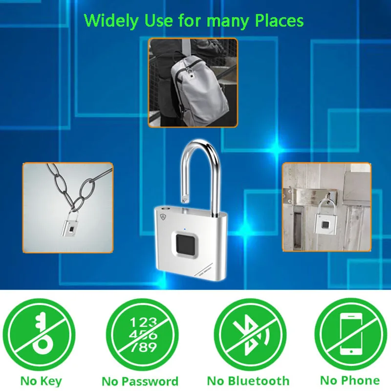 

Smart Biometric Thumbprint Door Padlocks Rechargeable Door Lock Fingerprint Smart Padlock USB Keyless Quick