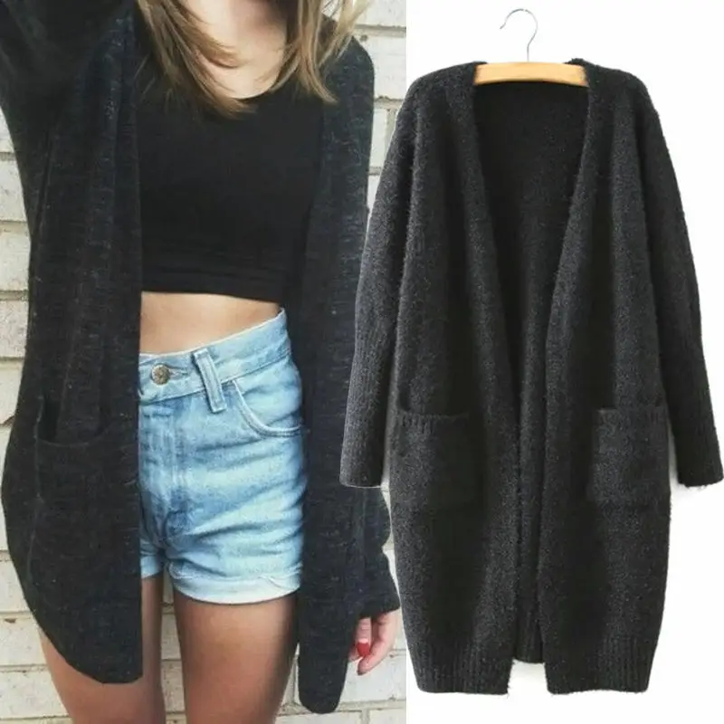 Autumn Ladies Long Sleeve Knitted Fluffy Sweater Cardigan Coat Outwear Women Basic Baggy Black |