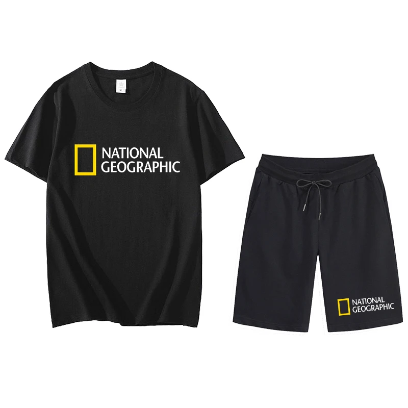 

Мужская спортивная одежда National Geographic, летняя спортивная одежда, хлопковая футболка из двух предметов, шорты, спортивный костюм