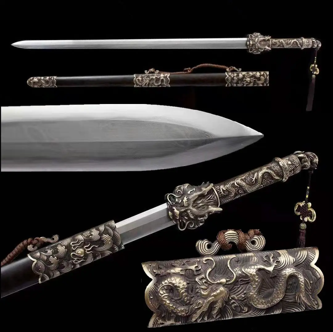 

Handmade Top Quality Chinese Kung Fu Sword Sharp T10 Steel Clay Tempered Blade Wushu Dragon Jian Ebony Handle Scabbard Full Tang
