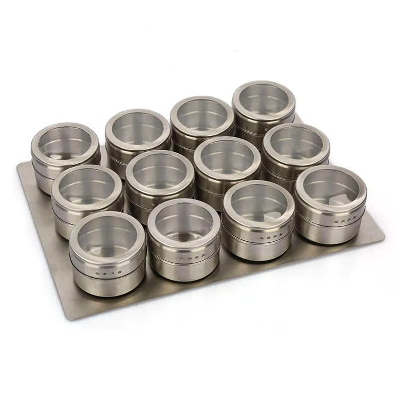 12pcs With Base Нержавеющая сталь с магнитным дном для специй банки жестяные банки контейнер набор с прозрачными этикетки для крышек с магнитным дном для специй банки приправа емкость для хранения перца - Цвет: 12pcs With Base