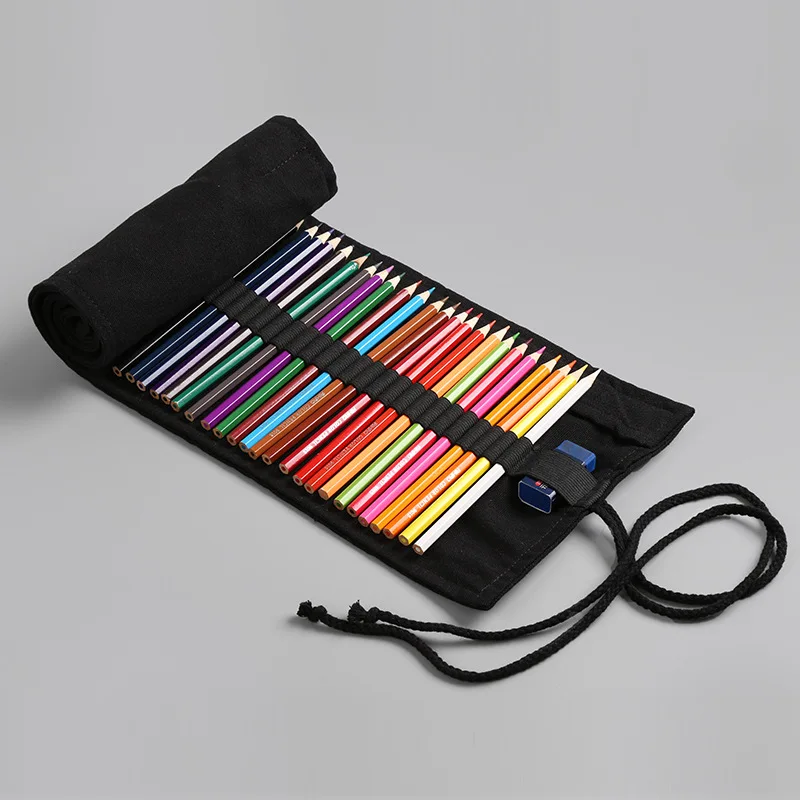 

Black Roll Up Pencil Bag Wrap 36/48/72 Slot Canvas Storage Pouch for Pens Brush Marker Home DIY School Supplies F6756