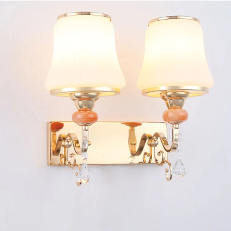 

European Bedroom Bedside Wall Lamp Living Room Aisle Hotel Wrought Iron Gold Double-Headed Frosted Glass Wall Lamps