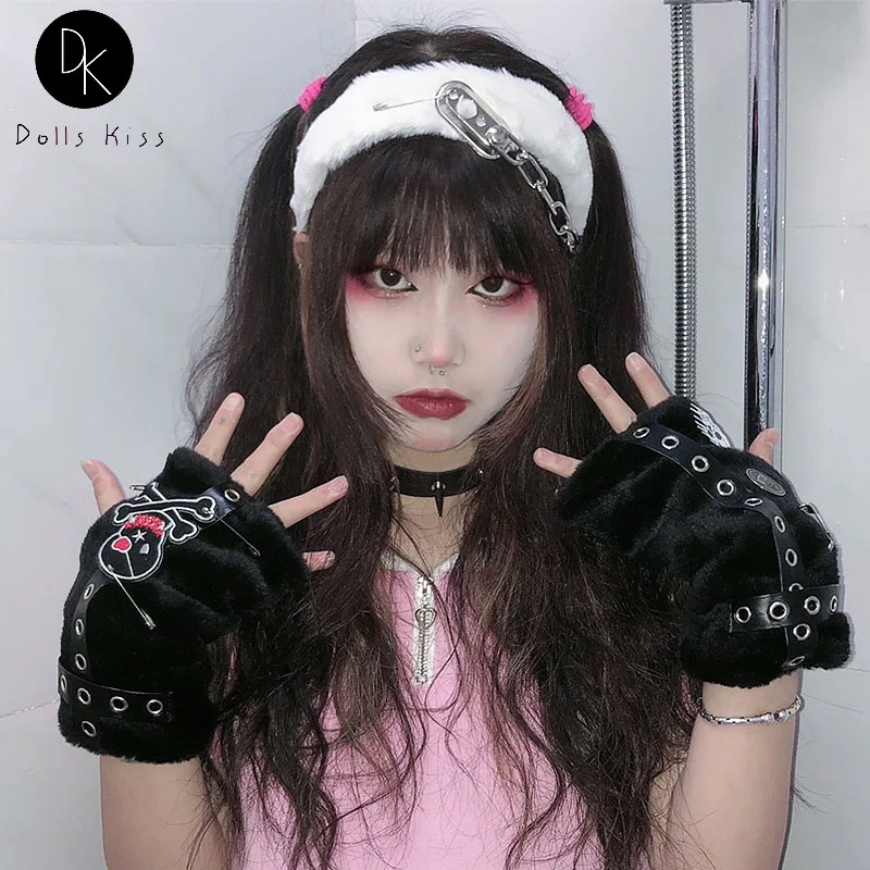 Женские плюшевые перчатки с нашивкой черепа в стиле панк Харадзюку Y2K зимние