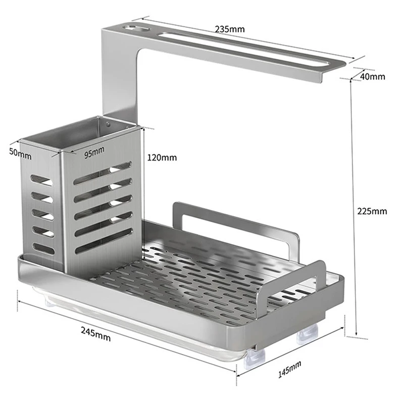 

Stainless Steel Simple Kitchen Sink Caddy Organizer Sponge Soap Brush Holder With Drain Pan Premium Kitchen Drying Rack