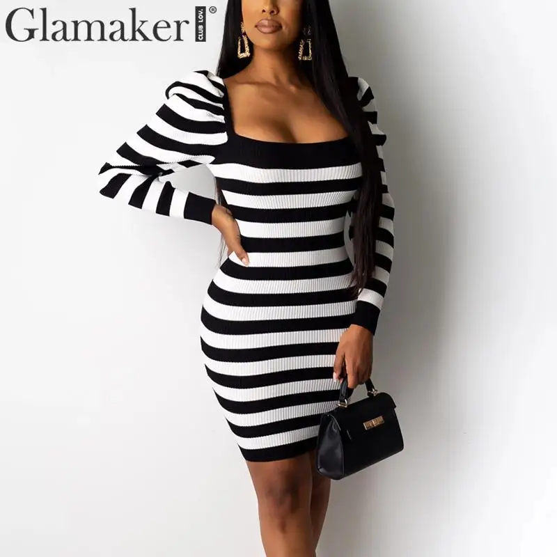 Женское Короткое платье в полоску с рукавами фонариками и квадратным