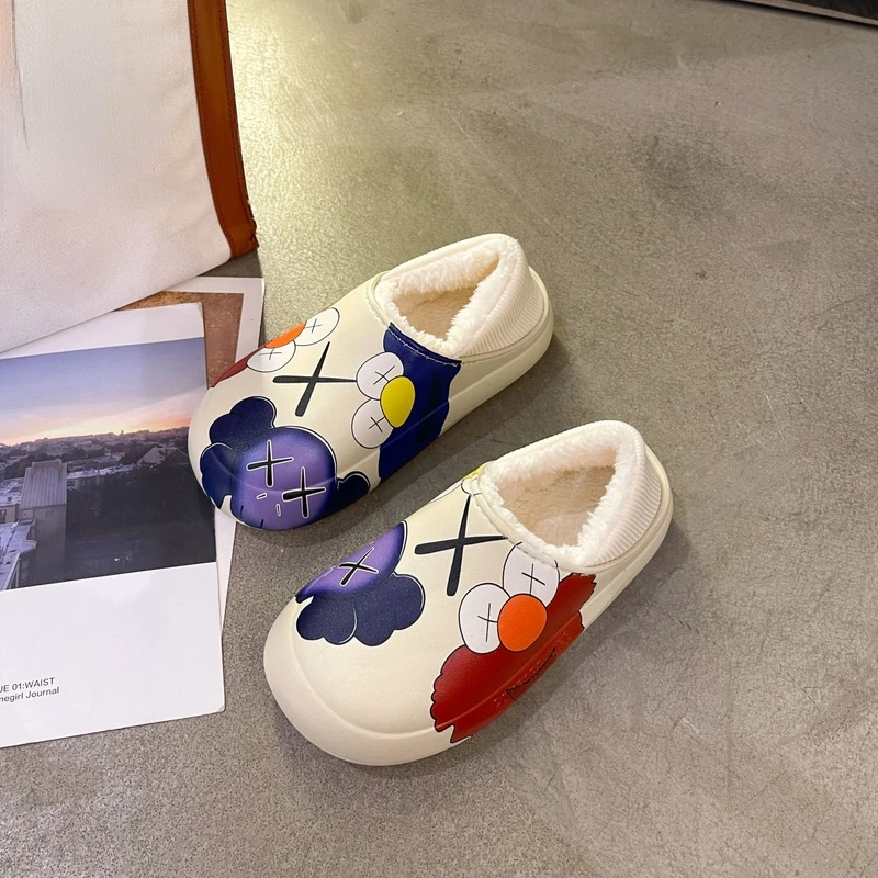 

2021 New Winter Fur Print Warm Sweet Fashion Slippers Women Home Cotton Flats Boots Shallow Slides Platform Casual Flip Flops