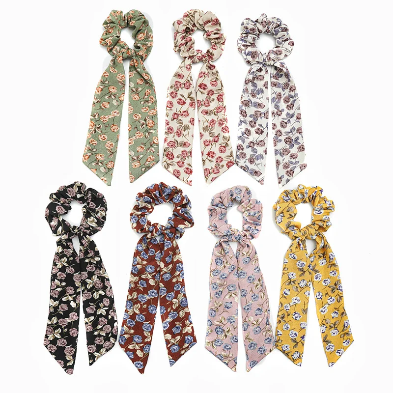 

Rose Flower Hair Scrunchies Elastic Hair Bands Knotted Ponytail Ribbon Hair Tie Headwear Floral Print Long Hair Rope