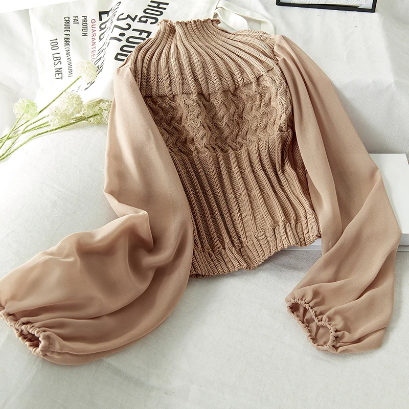 Gaganight лоскутное женский свитер с длинными шифоновыми рукавами Половина