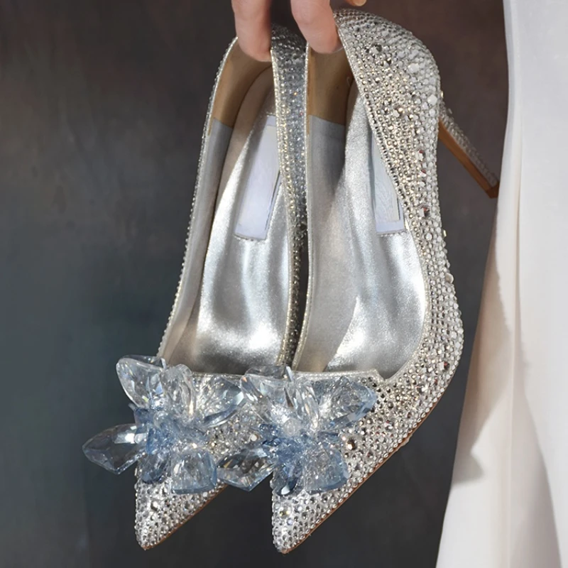 

Женские туфли с кристаллами Золушки, новинка 2021, остроносые туфли на шпильке, свадебные туфли на высоком каблуке для подружки невесты