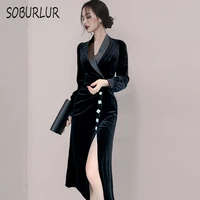 soburlur ol autumn and winter velvet robe harajuku vintage womens midi dresses chic split long sleeeve black dress female lady