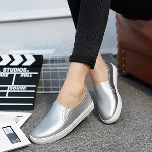 2020 Spring Women Leather Loafers Ballet White Black Silver Shoes Woman Slip On Loafer Boat Shoes Moccasins Outdoor Travel Shoes