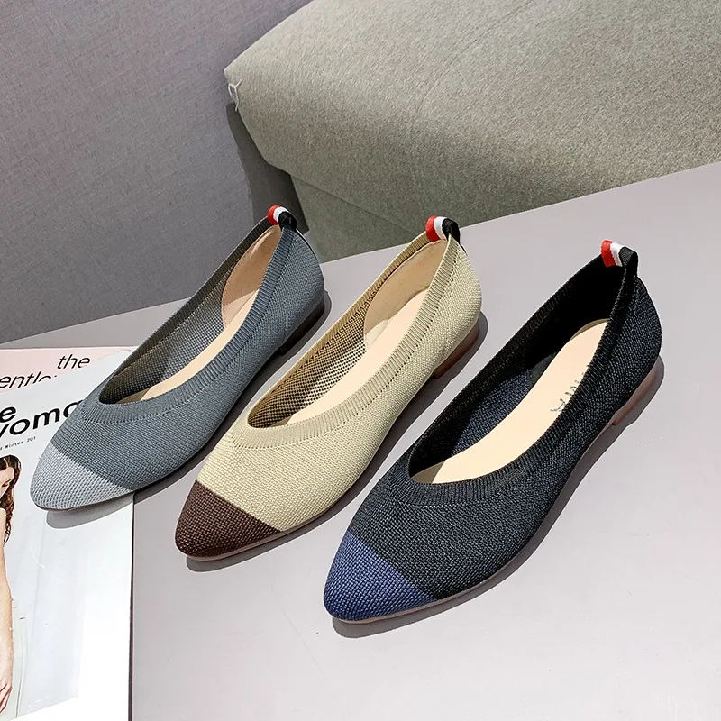 Woman Autumn Summer Breathable Knit Pointed Toe Single Shoes Women's Flat Shoes Casual Shallow Peas Shoes Girl Soft Ballet Shoes
