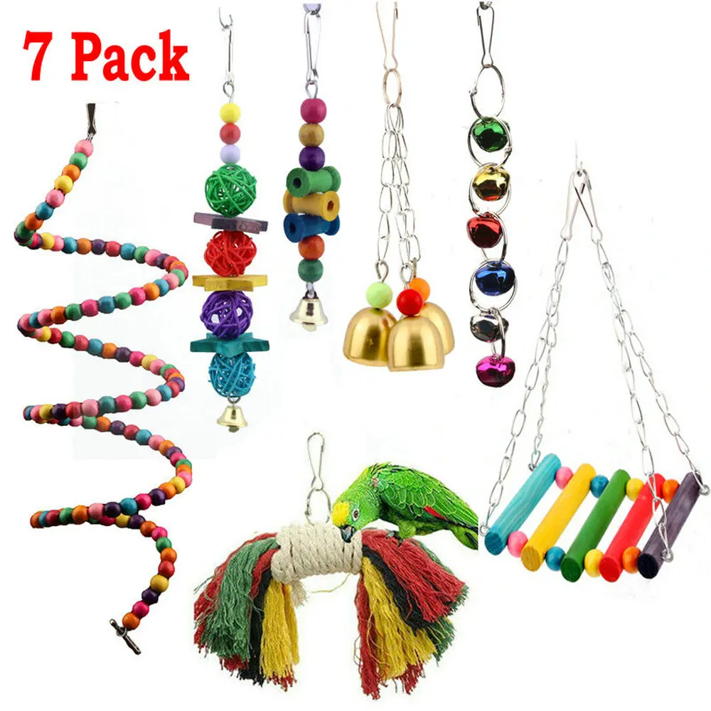 

7X Combination Parrot Toys Set Beaks Metal Rope Budgie Cockatiel Cage Pet Bird Fun Swing Toy Colorful Beading Bell Pet Supplies