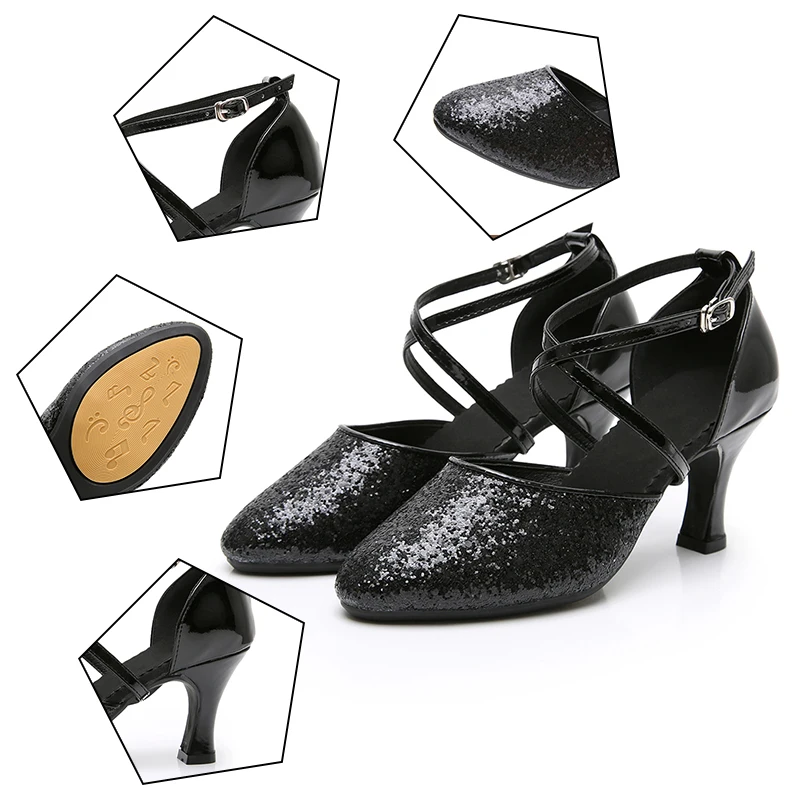 Туфли для латиноамериканских танцев с закрытым носком и блестками|Обувь танцев| |