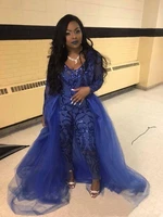 sexy royal blue jumpsuits prom dresses with overskirts v neck long sleeve sequined evening gowns plus size african pageant pant