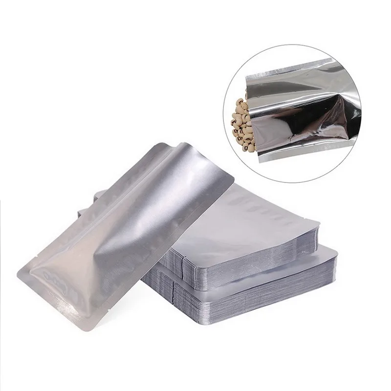 

New 100Pcs Open Top Aluminum Foil Bag Vacuum Heat Seal Packaging Pouches Food Coffee Tea Mylar Foil Bag Storage Silver Flat Bags