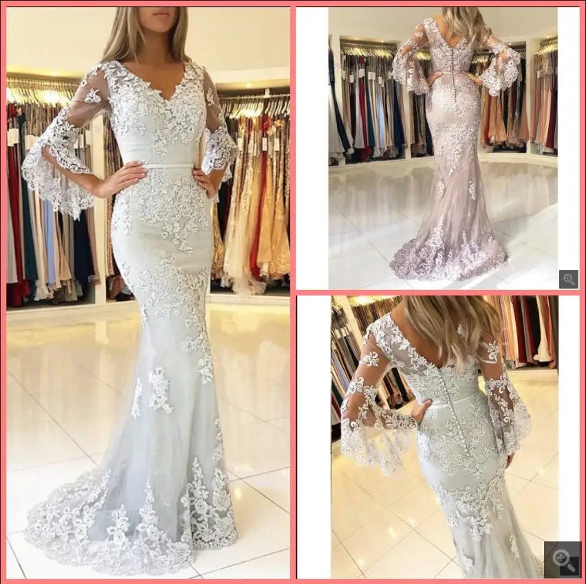 

Праздничное платье Русалка серебряный с кружевной аппликацией вечернее платье 3/4 с рукавами-фонариками v воротником обшитые бисером с откр...