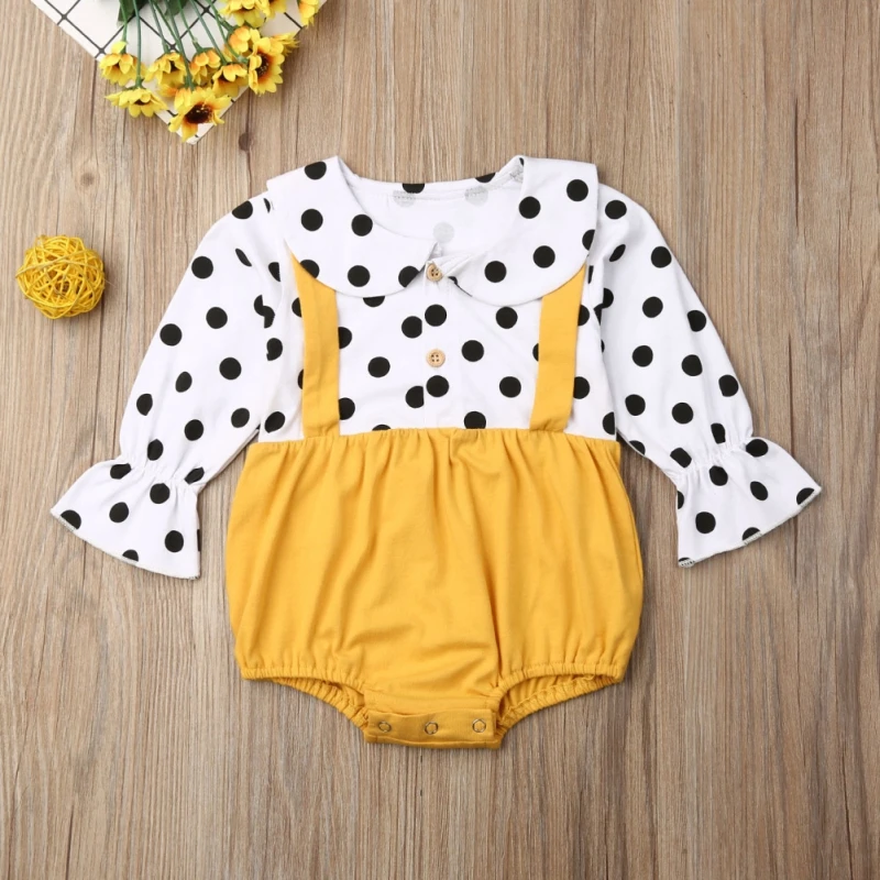 

Baby Girl Cute Clothing Spring Autumn Polka Dot Trumpet Sleeve Shirt Yellow Strap Children One-piece Rompers