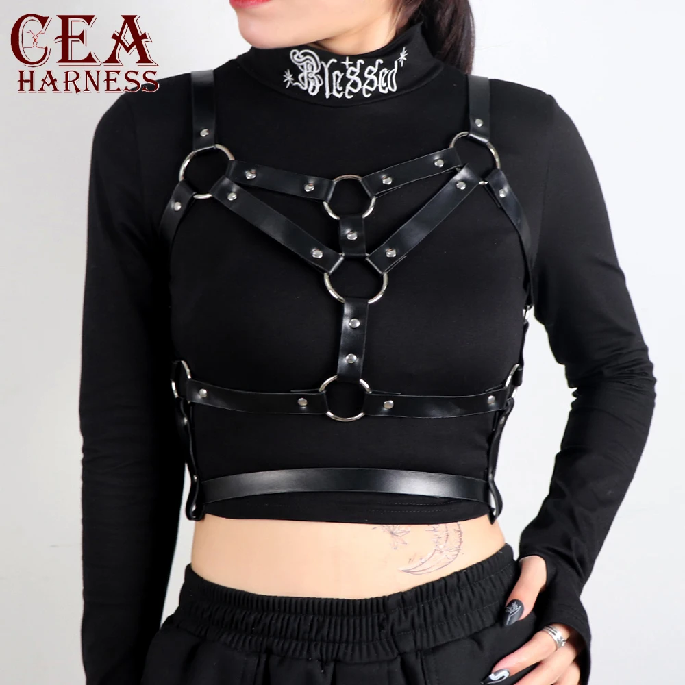 

CEA Women Leather Harness Belt Sets Garters Leg Suspenders Handmade Sexy Thigh Bra Fetish Restraints Belts Bondage Gothic Belts