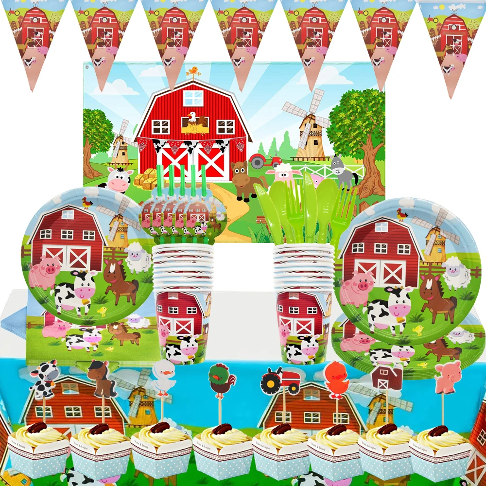 Farm Animals Theme Party Decoration Cup Paper Napkins Plates Topper Background Brithday Party Disposable Tableware Supplies