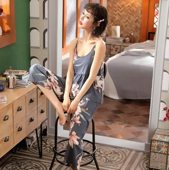 

Sexy sling sleepwear pajamas women spring summer sleep tops + pant set vintage print ladies pyjamas home suit new pijama mujer