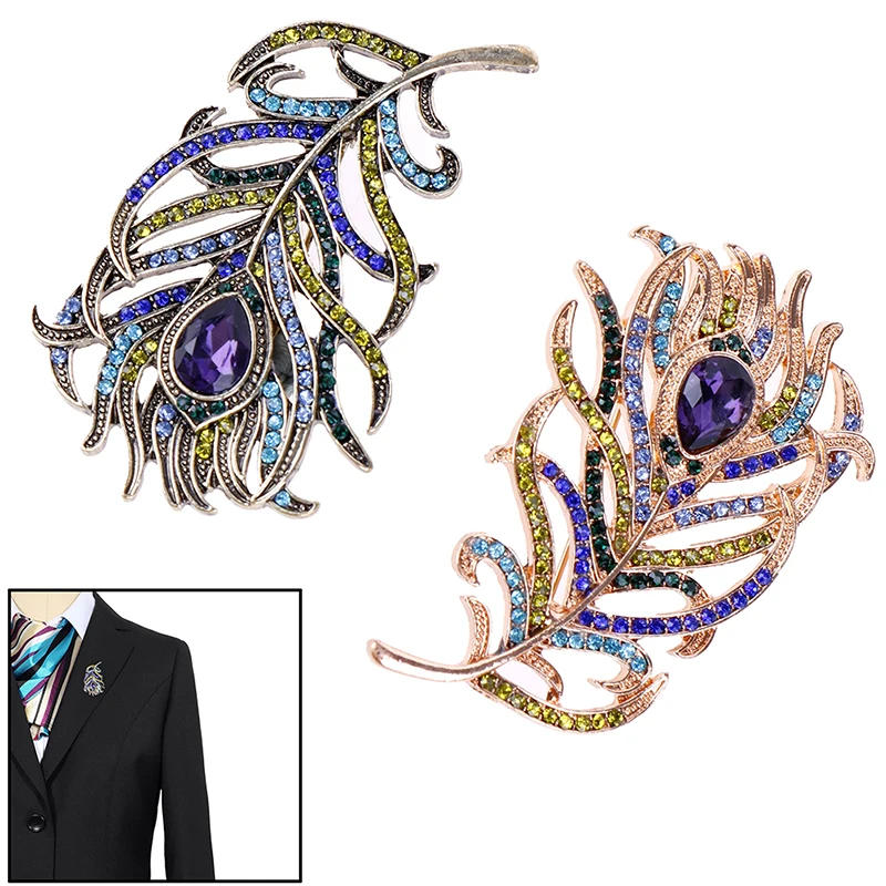1pcs Boho Crystral Peacock Feathers Brooch Enamel Pins Deep Blue Brooches For Cloth Decorations Wedding Accessories | Украшения и
