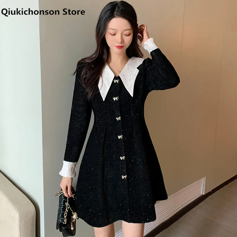 

Spring Autumn Long Sleeve Dress Women Korean Fashion Single-Breasted White Peter Pan Color Mini Black Sparkly Dresses Ladies