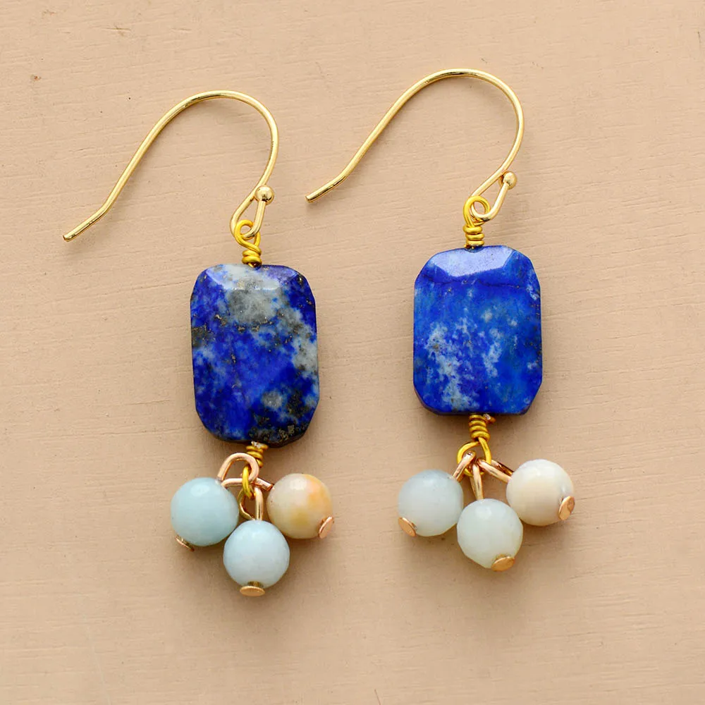 Эксклюзивные женские висячие серьги прямоугольник лазурит амазонит элегантные