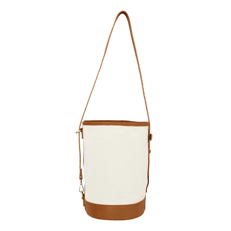 

Korean New Women's bag 2021 leisure simple one shoulder slant span bag Pu canvas splicing bucket bag lady's purse