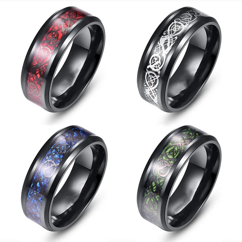 

18 Colour Men Rings Dragon Pattern Black Stainless Steel Rings Comfort Fit Wedding Engagement Bands Anniversary For Men Jewelry