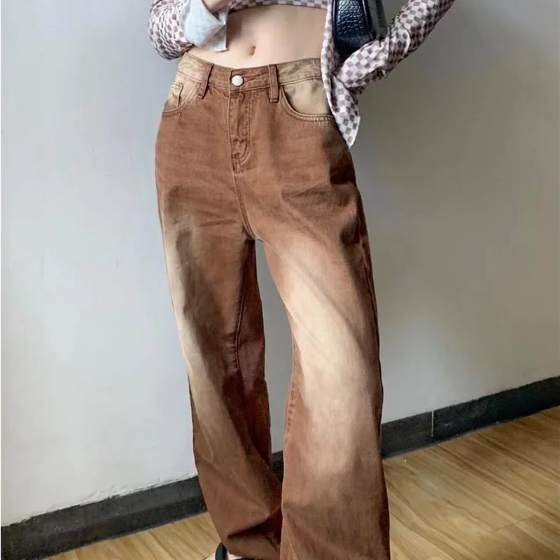 Straight Jeans Women Bleached Washed Denim Brown Hipster Oversize S-4XL All-match Schoolgirls Boyfriend Street Korean Fashion | Женская