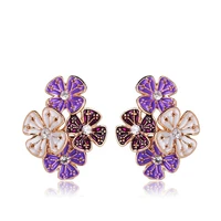 oi fashion style purple flower stud earrings alloy enamel crystal womens wedding banquet party accessories exquisite gifts