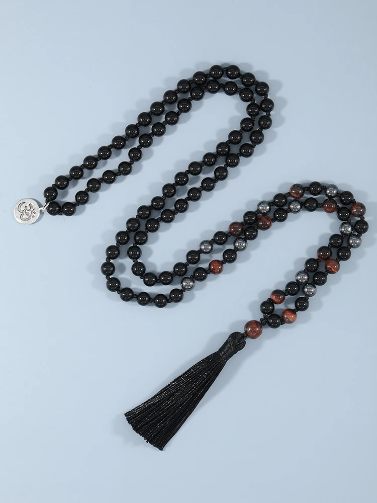 

YUOKIAA Natural Tiger Eye Stone Black Onyx Necklace 108 Mala Prayer Beads Meditation Japamala Necklace with OM Charms Jewelry