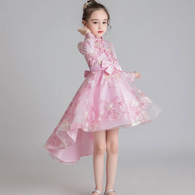 Flower Embroidered Long Sleeve Autumn Winter Bow Lace Tutu Girl Princess Dress Costumes Clothes Show Evening Party Dress WG-1210