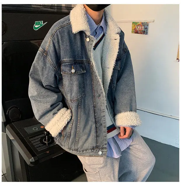 Winter Plus Velvet Thick Denim Jacket Men's Warm Parka Men Fashion Lamb Fur Coat Man Loose Cotton Denim Jacket Male Clothes