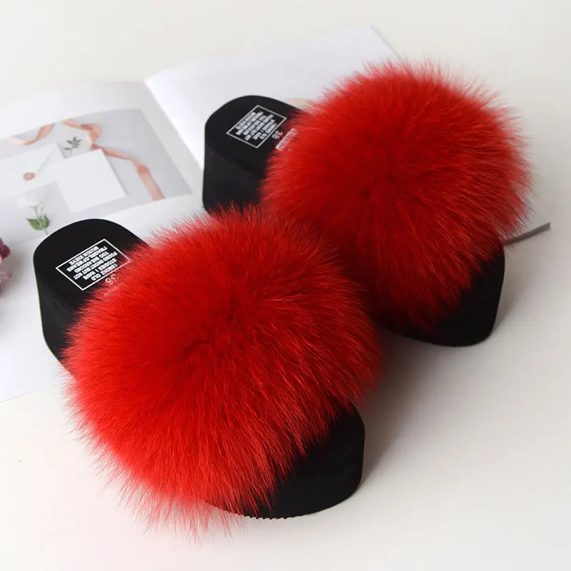

Women Wedge Fur Slippers Fashion Summer Furry Slides Real Fox Fur Slippers Platform Home Shoes Woman's Fluffy Plush Flip Flops