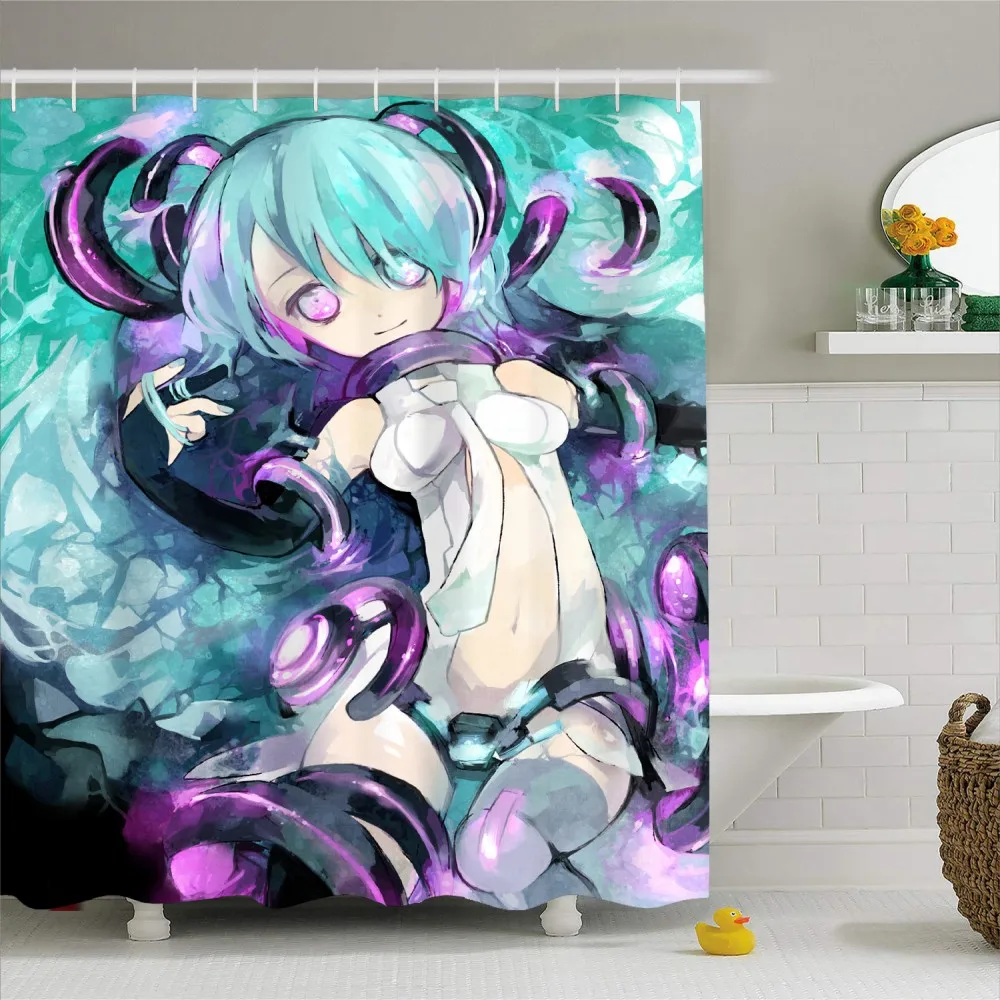 Реалистичные Janpanese аниме Hatsune Miku девушка Ванная Комната Занавески для ванной водонепроницаемый дизайнерская полиэфирная ткань занавески для душа с крючками - Цвет: Color-1