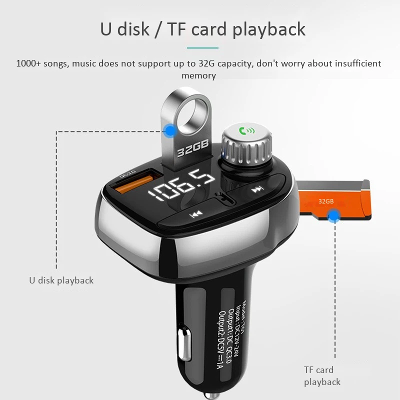 

T61 Bluetooth Wireless Handsfree Car Kit MP3 Player QC3.0 USB Charger FM Transmitter