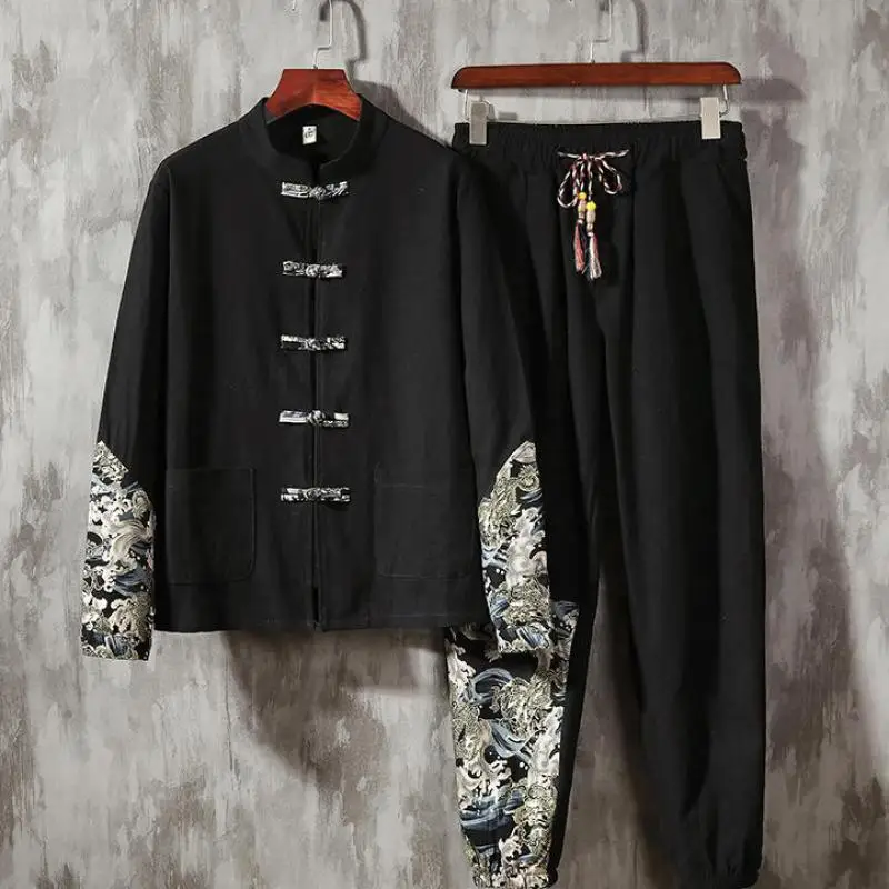 Костюм Тан в китайском ретро стиле хлопковая Льняная мужская одежда 2021 с принтом